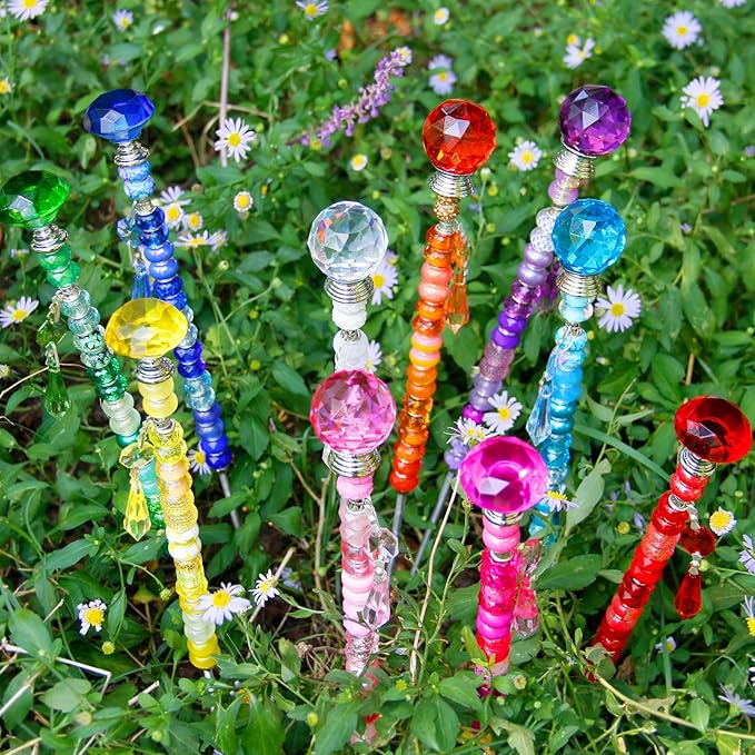 Exway 247 PCS DIY Fairy Wand Beaded Garden Stake Kits with Assortment Large Hole Beads 10 Crystal Stopper Top Threaded Rods and Sparkling Crystal Pendants for Outdoor Indoor Decor