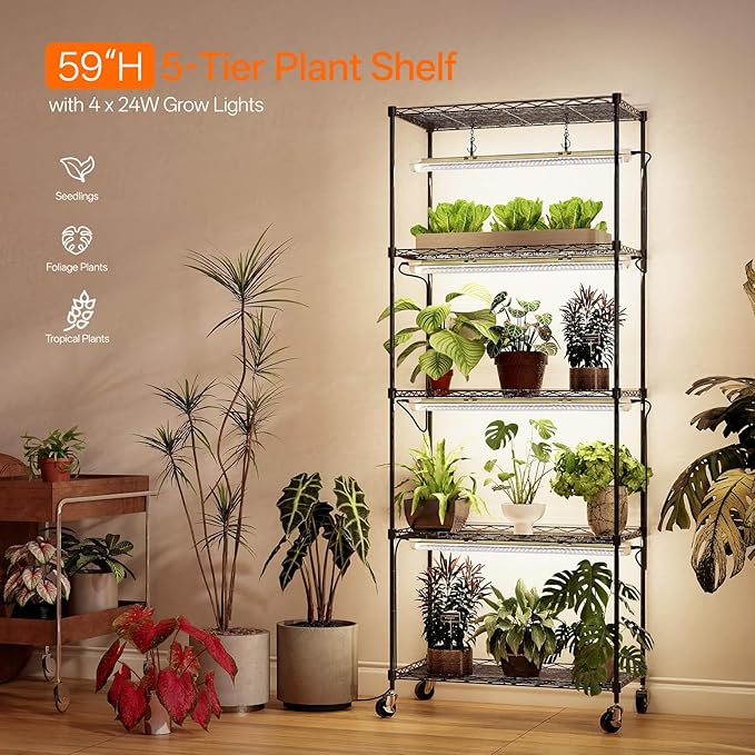 Bstrip Plant Shelf with Grow Light, 5-Tier, Metal Plant Stand with Timer, Adjustable Rack & Wheels, 4 Pack T8 Full Spectrum Grow Light for Indoor Plant, Seed Starting, Seed Tray, 23.5"x13.8"x 59"