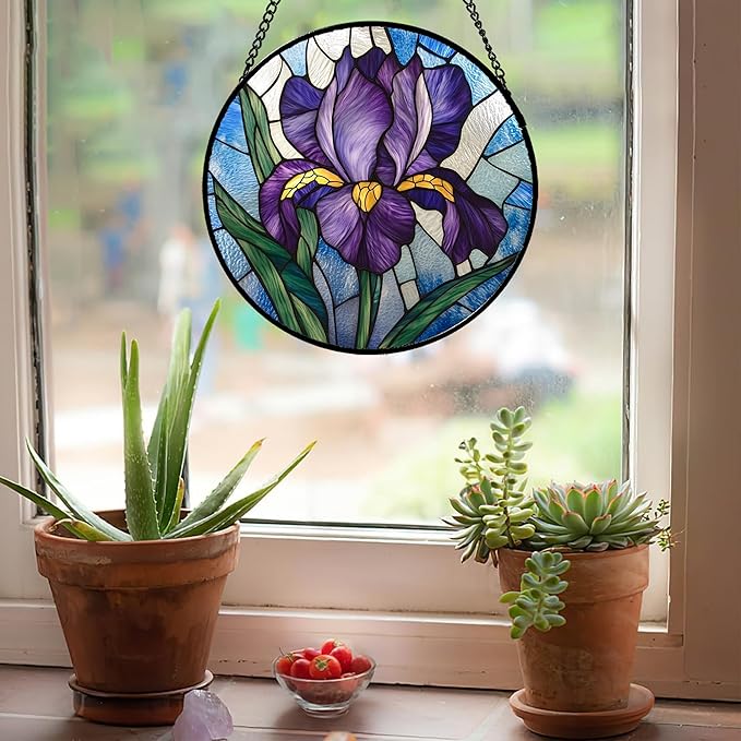 HWRHTR Stained Glass Window Hanging - Iris Birth Flower Suncatcher for Doors Garden Yard Purple Blue Sun Catchers Decor Christmas Mother's Day Birthday Gifts for Teacher Women Mom Nana 11.8 in