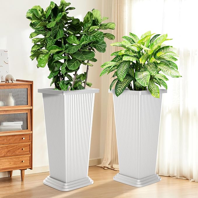 TUYOHW Set of 4 24" Tall Plastic Planters with Trays, Large Tapered Plant Pots for Indoor Outdoor Use, Modern Decorative Planters for Porch, Patio, Garden, and Backyard