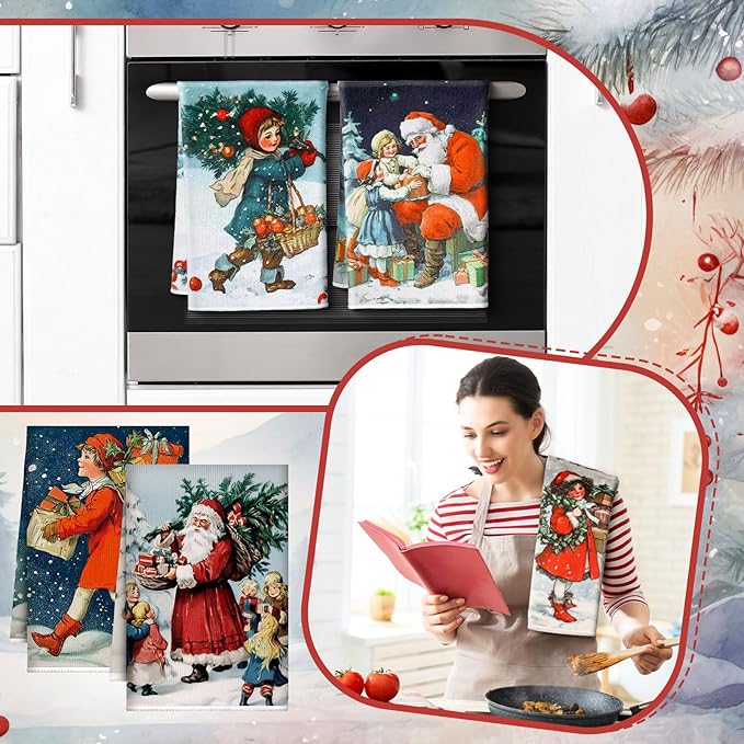 Bencailor 16 Pcs Christmas Kitchen Towels Santa Claus Hand Dish Towels Soft Absorbent Vintage Xmas Tea Dishcloths for Christmas Holiday Kitchen Bathroom Home Decor Gifts