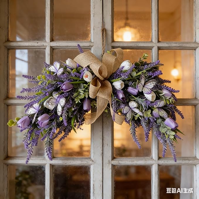 Valentine's Day Artificial Heart Shaped Teardrop Swag Wreaths Spring Summer Fake Flower Wreath for Gifts Festival Front Door Window Wall Decor (1, Purple Tulips)
