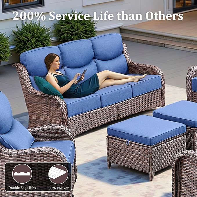 Luxury Patio Furniture Set with 42.5" Fire Pit Table, 6 Pieces High Back All Weather Wicker Outdoor Furniture w/ 6-Inch Thick Cushions, Patio Swivel Chairs Couch for Deck Balcony Backyard Brown/Blue