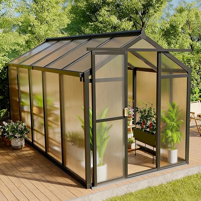 6X10 FT Greenhouse for Outdoors, Walk-in Greenhouse Kit with Aluminum Frame, Polycarbonate Panels, Adjustable Roof Vent, Sliding Door, Secure Lock for Outside Garden, Patio, Backyard
