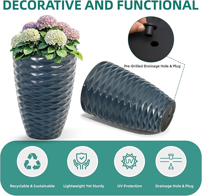Ultym 19" H Coastal Planter for Indoor/Outdoor Plants, Set of 2 Large Flower Pot with Drainage Hole, Weather/UV Resistant Resin Planters for Garden Patio Porch Home office Decor, Glossy Navy Blue Wavy