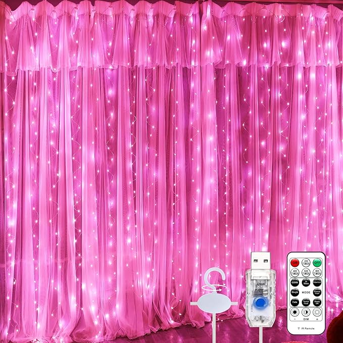 600LED Pink Curtain Lights for Bedroom, 19.6ft x 9.8ft Fairy Curtain String Light with 24 Hooks, 8 Modes Hanging Lights for Wedding, Party, Backdrop, Window, Xmas Decor