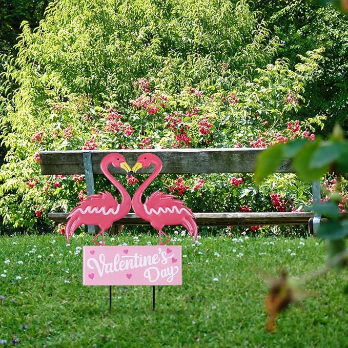 hogardeck Valentines Day Decorations Outdoor, Metal Flamingos Decorative Garden Stakes for Valentines Decor, Valentine's Day Yard Sign for Home Outside Lawn Porch Anniversary Wedding Party