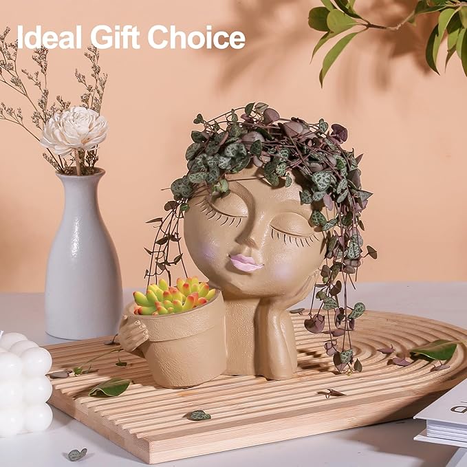 vomiceak Face Planters Pots Head Planter for Indoor Outdoor Plants - Cute Plant Pots for Flower Succulent with Drainage Hole - Ideal Present Ideas(Khaki Lady)
