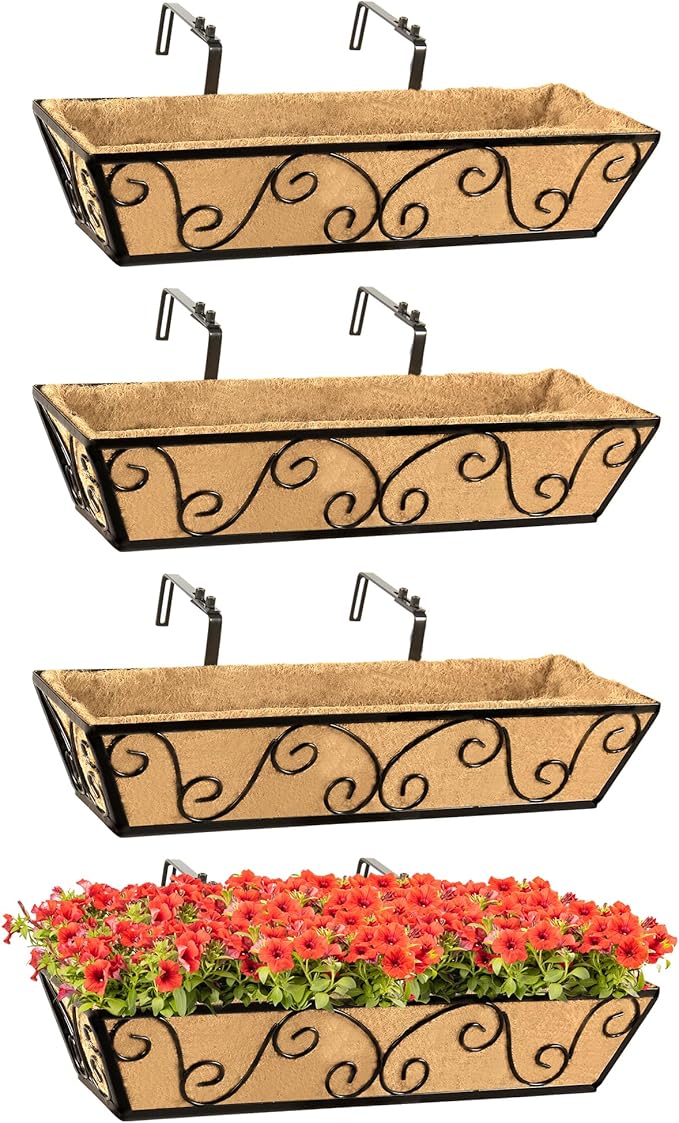 Y&M 24 Inch Window Deck with Coco Liner, Fence Metal Hanging Flower Planter Window Basket Deck Railing Planter Boxes for Outdoor Garden Lawn-Butterfly, 4pcs