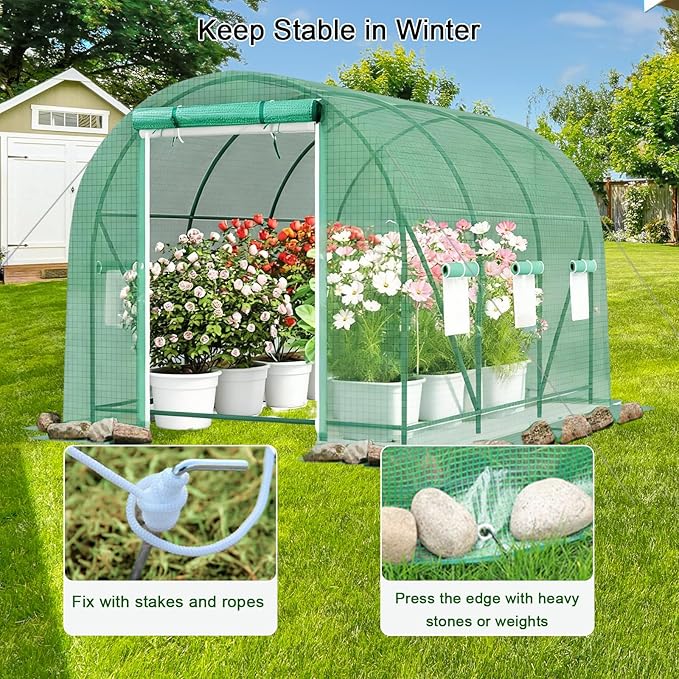 Greenhouse with Watering System, Portable Green House for Outside, Greenhouses Kit for Outdoor with Metal Frame, Thicken PE Cover (Green Cover, 9.8x9.8x6.5 FT w/ Irrigation System)