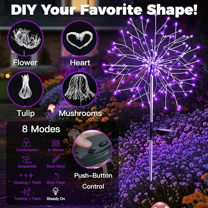 suddus 2 Pack Purple Halloween Lights Outdoor, 150LED Purple Solar Garden Lights with 8 Modes, Waterproof Solar Firework Light for Halloween Yard Garden Decorations