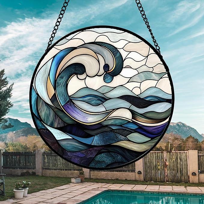 DASTOLL Stained Glass Window Hanging, Ocean Waves Sun Catchers Diamond Glass Panel Hangings Abstract Suncatcher Decor for Birthday for Women, Men, Wife, Aunt, and Mom 14.9x14.9 in