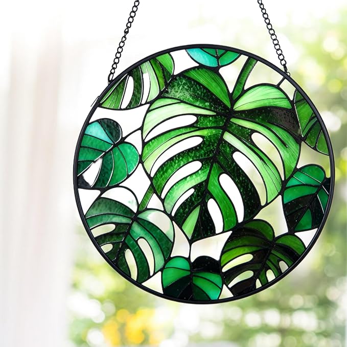 7.8'' Monstera Plant Stained Glass Suncatcher,Stained Glass Window Hanging, Plant Suncatcher, Plant Lover Gifts, Mother's Day, Birthday, Housewarming, Christmas, Festival Gifts