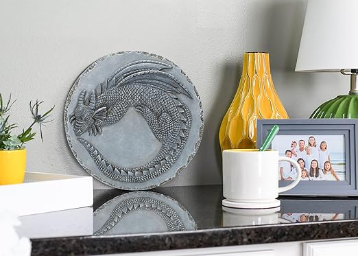 NAT & Jules Animal Character Dimensional Indoor Outdoor 12 inch Round Cast Resin Decorative Garden Stepping Stone, Patio, Walkway Sculpture Yard Art, Stone Grey Dragon