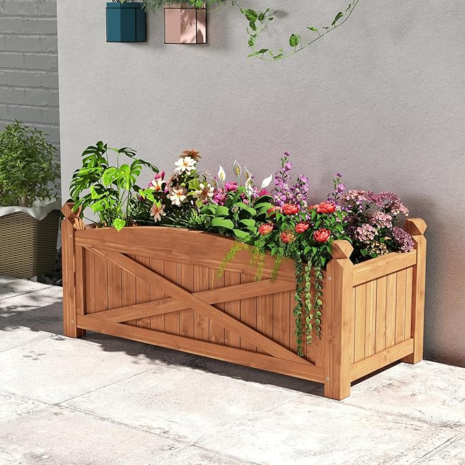 HAPPYGRILL Wooden Raised Garden Bed, Solid Wood Gardening Plant Container w/Drainage Holes for Flower Vegetable Fruit, Outdoor Elevated Planter Box for Patio Garden Yard Balcony (36”x 16”x 15”)