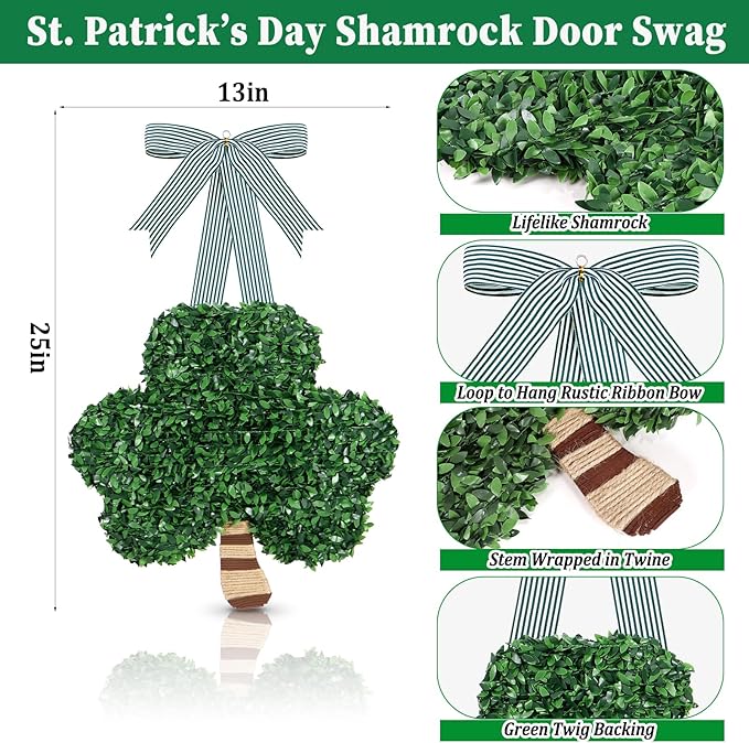 St. Patrick's Day Decorations, St Patricks Day Shamrock Wreath, Lucky Green St. Patrick's Day Door Swag for Fireplace Mantel Walls, Shamrock Clover Hanging Decoration for Front Door Spring Decor