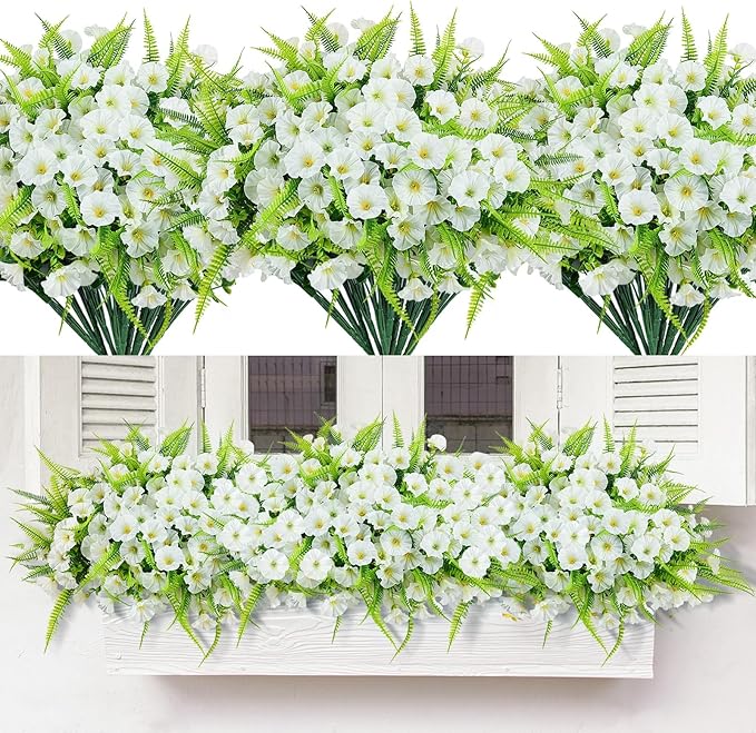 HIAGROW Artificial Flowers Outdoors 12 Bundles White Artificial Petunias Fake Flowers UV Resistant Shrubs Plants with Fern for Indoor Outside Hanging Planters Home Garden Summer Decorations