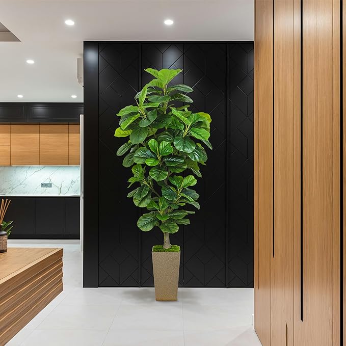 KOPWVA Artificial Fiddle Leaf Fig Tree 6ft, 6 Feet Large Tall Fake Plants Indoor with Modern Style Planter, Artificial Silk Tree for Home Office Living Room Decor Indoor, Lifelike & Lush (Champagne)