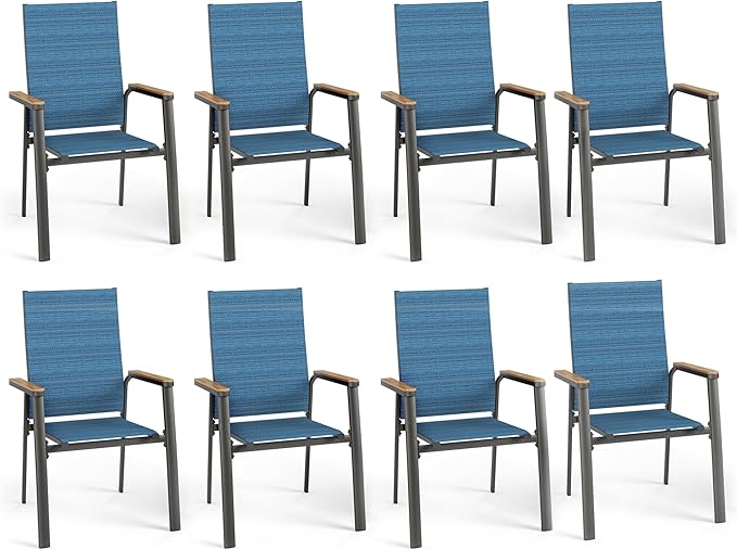PHI VILLA Outdoor Stackable Chairs, Patio Chairs Set of 8, Light Weight Aluminum Frame with Textilene Fabric & Wood Armrest, High Back Deck Chairs for Poolside Lawn Garden, Blue
