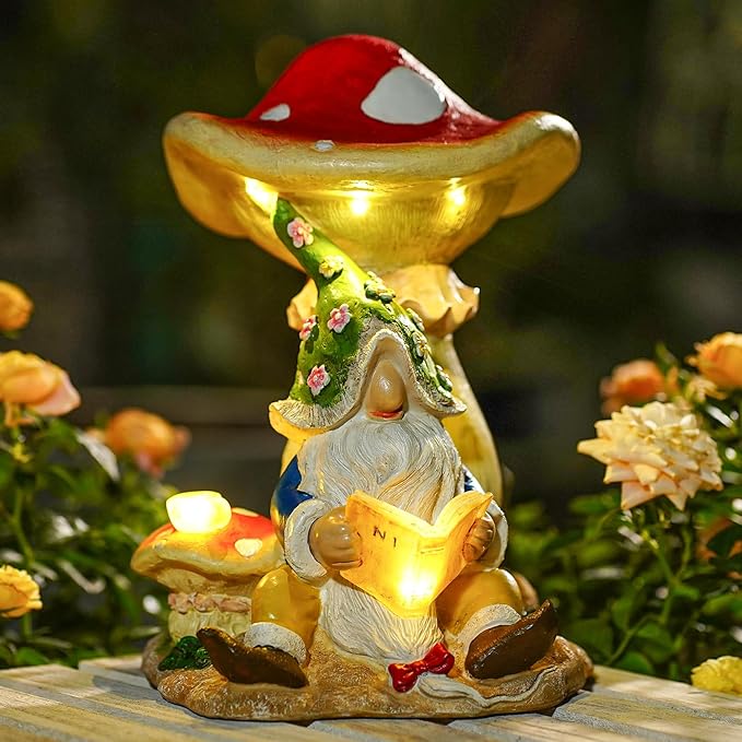 Solar Garden Outdoor Statues Gnome Reading Under Mushroom with 5 LED Lawn Decor Outside Decorations for Patio, Balcony, Yard Ornament Unique Garden Gift