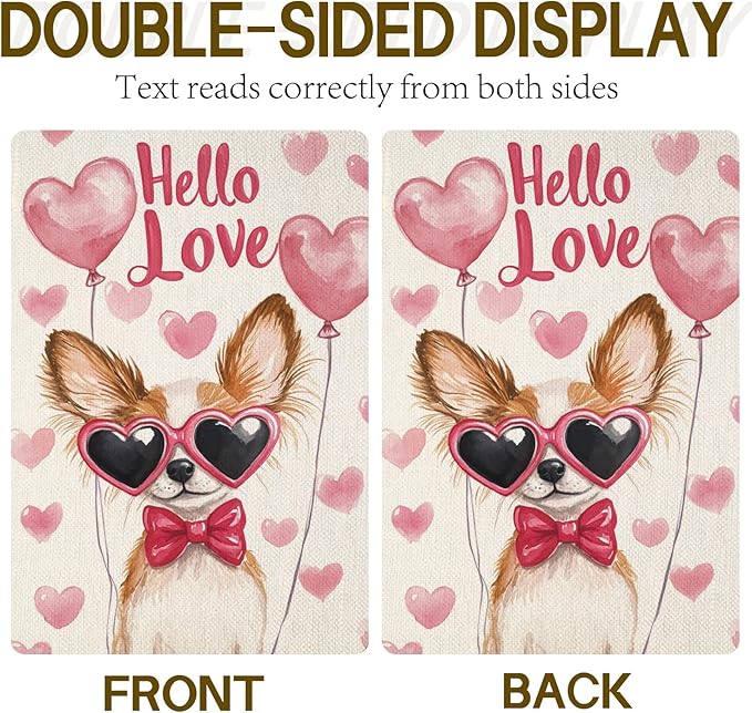 Valentine's Day Papillon Hello Love Garden Flag, House Yard Plaid Love Heart Outside Decoration, Spring Holiday Wedding Anniversary Outdoor Small Decor 12x18(12632)