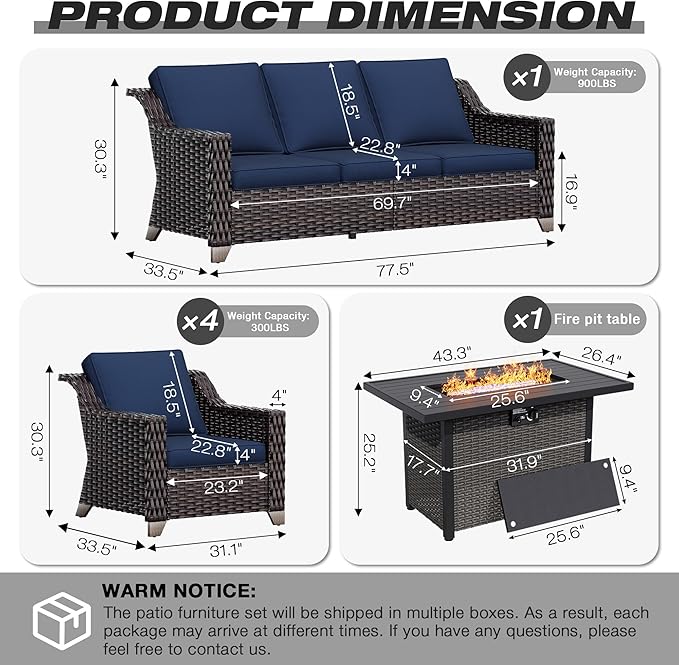 Joyside Wicker Patio Furniture Sets, 6 Pieces Upgraded Large Size Outdoor Furniture with 4 Swivel Rocking Patio Chairs, 3-Seat Sofa, Fire Table,Thick Cushions, Wide Armrest, Blue