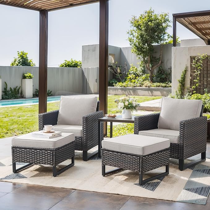 Rilyson Wicker Outdoor Patio Furniture Set - 5 Piece Patio Conversation Set with 2 Wicker Armrest Chairs,2 Rattan Ottoman and 1 Metal Side Table for Outside Porch Deck Backyard Garden(Brown/Beige)