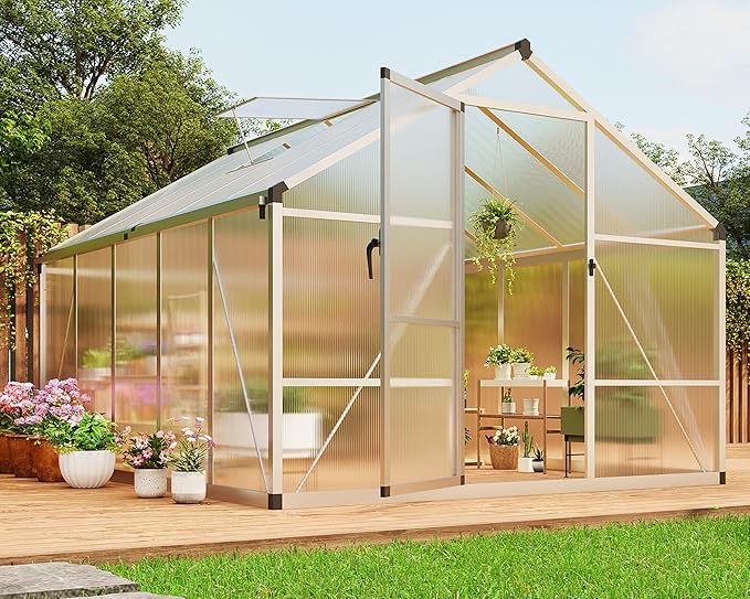 8 X 10 FT Greenhouse, Outdoor Greenhouses, Polycarbonate Panels with Aluminum Frame, Adjustable Roof Vent and Lockable Door, Green Houses for Outside Backyard, Garden, Silver