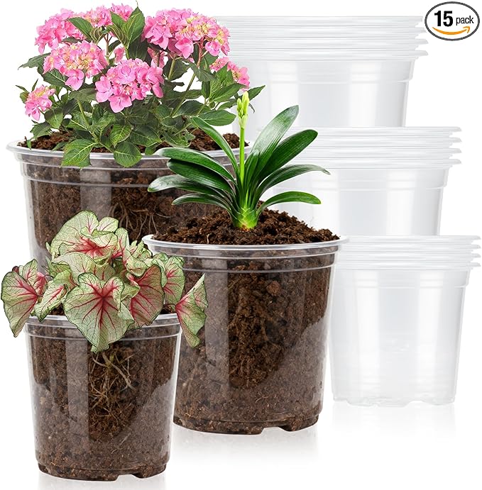 Plgardpo Clear Nursery Pots, 5/6/7 Inch Transparent Plastic Plant Pots with Drainage Holes, Variety Pack Seed Starting Pots, Flexible Clear Flower Pots for Indoor Outdoor Plants, 15 Packs