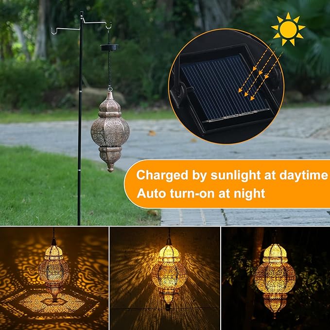 Hanging Solar Lights, Outdoor Decor Solar Lantern, Waterproof Metal Moroccan Lantern for Outside Patio Pathway Yard Front Porch Backyard Garden Decorative (1 Pack)