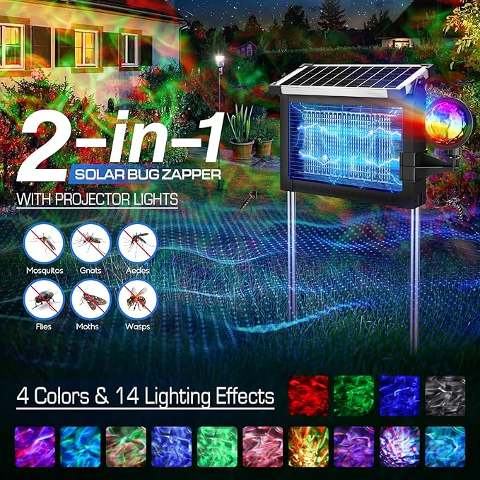 Solar Bug Zapper Outdoor with Projector Lights, 4500V Waterproof Mosquito Zapper, Dual Solar & USB Rechargeable, Smart Dusk to Dawn, Cordless Insect Killer for Patio, Garden, Backyard, Camping