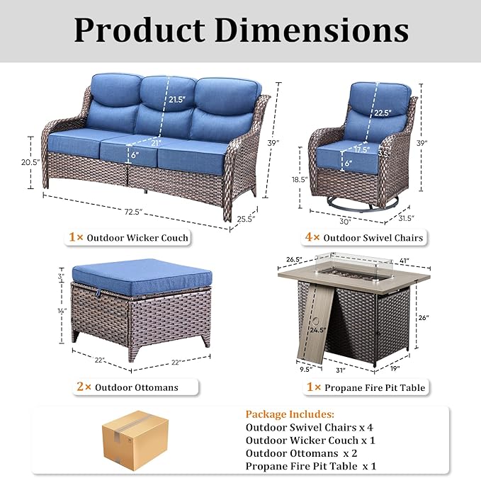 Luxury Patio Furniture Set with 42.5" Fire Pit Table, 8 Pieces High Back All Weather Wicker Outdoor Furniture w/ 6-Inch Thick Cushions, Patio Swivel Chairs Couch for Deck Balcony Backyard Brown/Blue