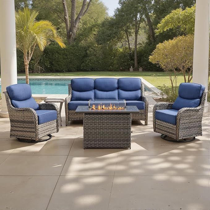 Belord Luxury 6" Thick Cushioned 5 Pieces Patio Furniture Set with Fire Pit Table, Wicker Outdoor Conversation Set with High Back Swivel Rocker Chairs for Deck Porch Yard and Poolside - Grey+Blue