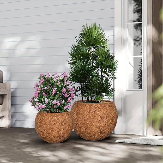 Panlaolao 13.5 H x 17" Dia (12" Pot Opening) Round Fiberstone Planter with Drainage Hole, White, Indoor/Outdoor Large Plant Pot for Home Patio Garden, Ideal for Plants (Camel, Medium)