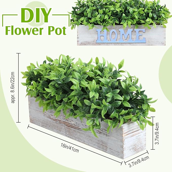 Lyrow 4 Pack Artificial Eucalyptus Plant in Rectangular Rustic Wooden Planter Box Faux Potted Herb Plant Table Centerpiece for Kitchen Windowsill Shelf Decor (White,16 '')