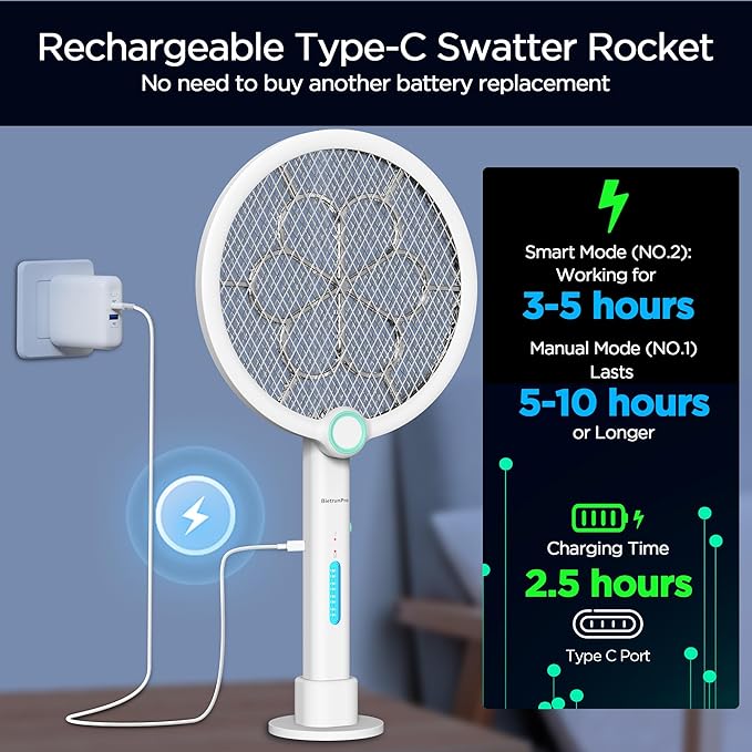 Foldable Electric Fly Swatter 3800V Bug Zapper Racket Rechargeable with UV Lights, Portable Handheld Cordless Mosquito Rackets to Kill Mosquitoes, Wasps, Gnats, Fruit Flies, Flies for Indoor Home