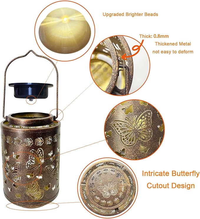 Outdoor Solar Lanterns Waterproof, Monarch Butterfly Decorations, Hanging Metal Butterfly Solar Lantern, Romantic Gift for Her, Valentine’s Day, Birthday or Anniversary Gift for Women Mom