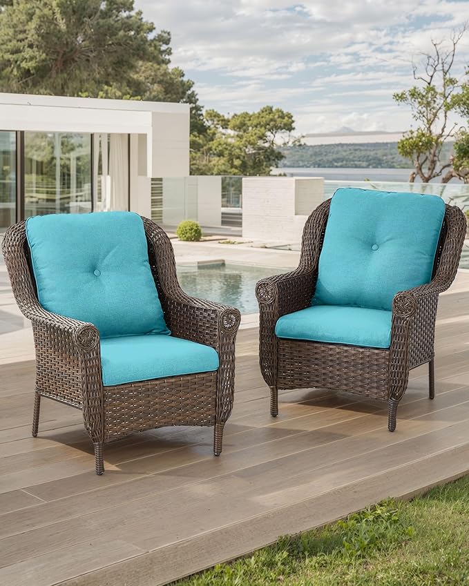 Patio Wicker Chairs Outdoor Furniture Chair - Set of 2 Outside All Weather Lawn Dining Brown Rattan Armchair with High Back&Deep Seating for Deck Porch Balcony Backyard Garden - Turquoise