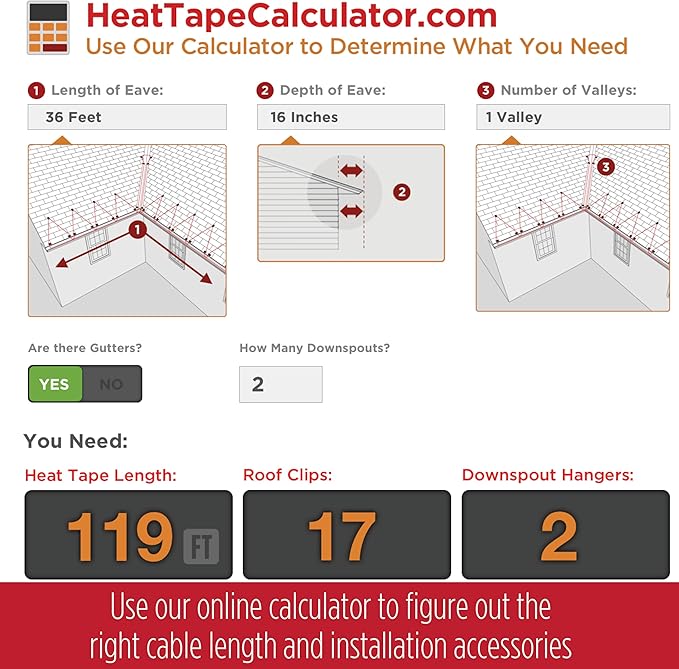 RADIANT SOLUTIONS HeatTapePro - Intelligent Commercial Grade Self-Regulating Heat Cable with GlowCap™ - 10 YR warranty - Ice Dam & Pipe Freeze Protection - 62 ft cable + 10 Ft Cord, 120V, 6 watts/Ft