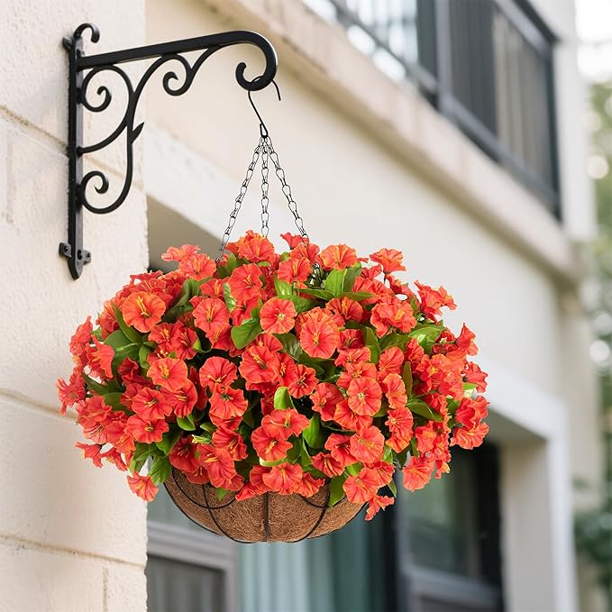 Ammyoo Artificial Hanging Flower Plants with Basket for Summer Autumn Outdoor Decoration, Faux Petunias Flowers Fake Morning Glories Planter for Outside Patio Garden Porch Balcony Yard Decor(Orange)