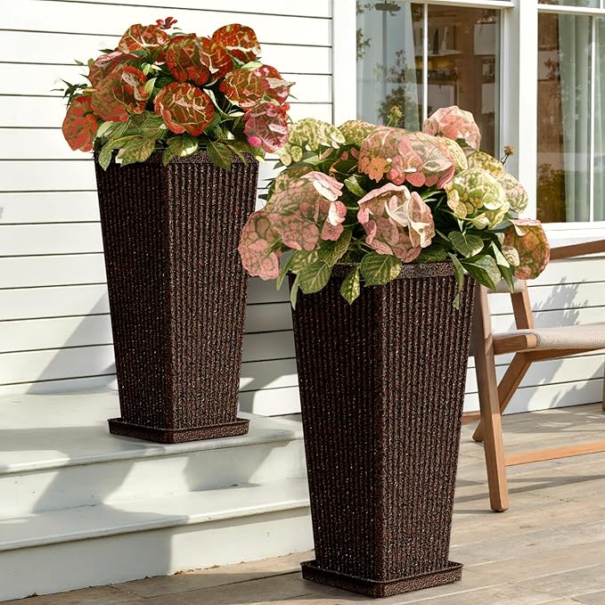 Trygoal Square Tall Planters for Outdoor Plants Set of 2-23.6" Heavy-Duty Classic Tapered Indoor Flower Pots with Drainage Holes/Partition/Tray, Large Outdoor Planters for Porch Patio Garden, Brown
