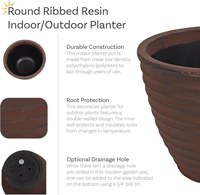 Sunnydaze Ribbed 13" Outdoor Plant Pot - Polyresin Double-Walled Planter for Indoor or Outdoor Use - Rust
