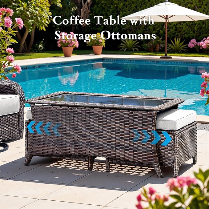 Belord Luxury 6" Thick Cushioned 8 Pieces Patio Furniture Set with Outdoor Couch, Wicker Outdoor Conversation Set with High Back Swivel Rocker Chairs for Deck Porch Yard and Poolside - Brown+Beige