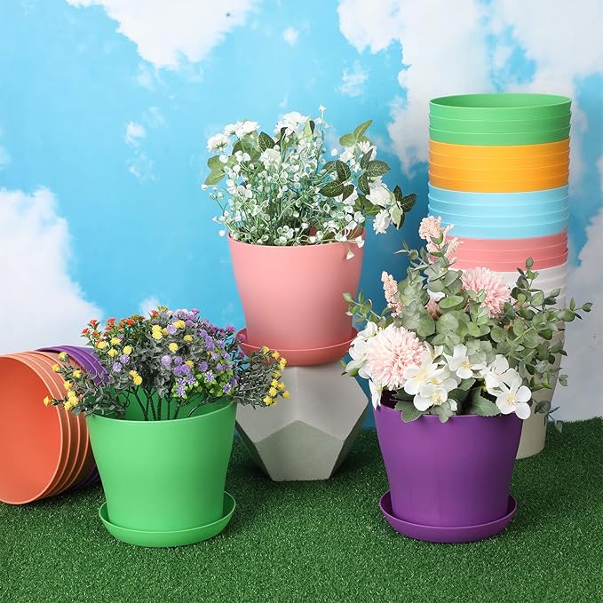 Yinder 32 Pcs 6 Inch Nursery Pots Flower Pots Colorful Plastic Plant Pot Seed Starting with Saucers and Drainage Holes Plant Container for Herbs Houseplants Seeding Nursery Flowers