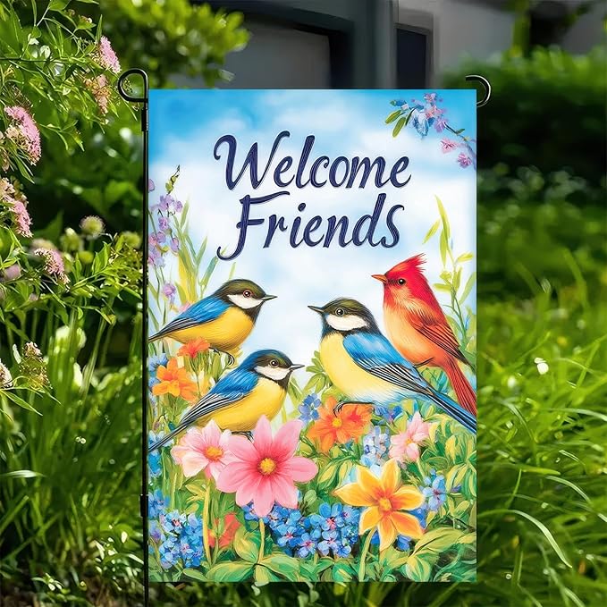 Welcome Spring Garden Flag 12x18 Double Sided Birds and Flowers Yard Flags Welcome Friends Garden Flags Decorative Outside Outdoor House Spring Summer Decoration for Outdoor Lawn Patio