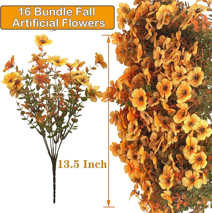 Grunyia 16 Bundles Artificial Fall Flowers UV Resistant Faux Greenery, All Weather Outdoor Autumn Decor for Thanksgiving Christmas Wedding Home Garden Fireplace Party Décor (Fall Orange Yellow)