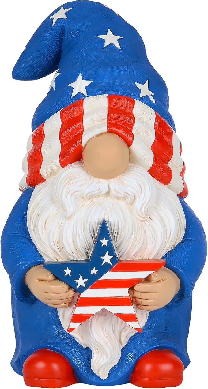Mood Lab Garden Gnome - USA Patriotic Gnome Figurine - 9 Inch Tall Lawn Statue - for Outdoor or House Decor
