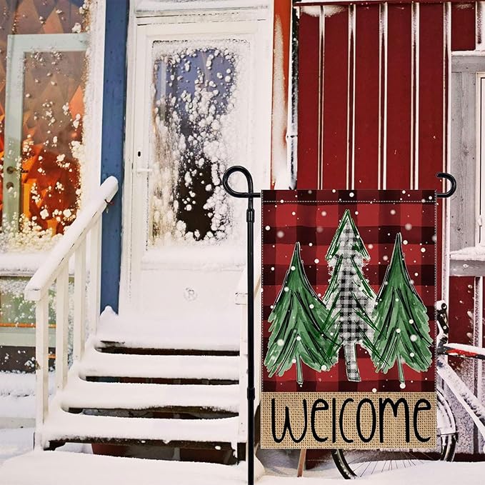 Welcome Red Buffalo Plaid Christmas Trees Garden Flag 12 x 18 Inch Vertical Double Sided Buffalo Plaid Red Holiday Yard Outside Xmas Decor