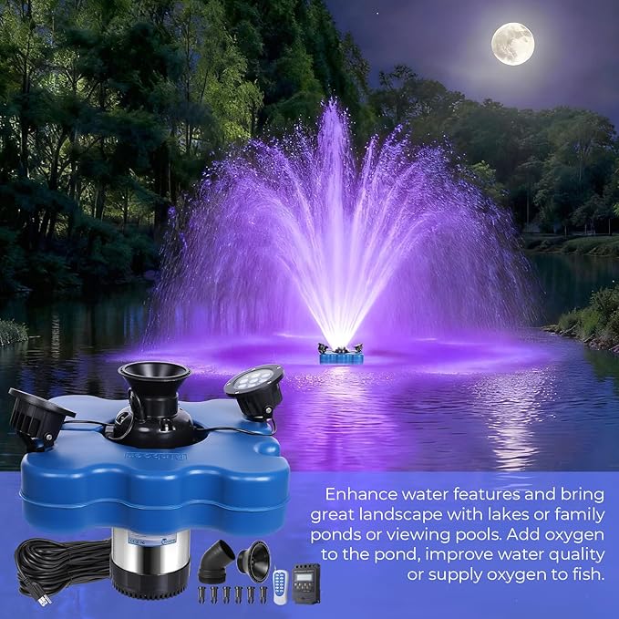 Pond Fountain Aerator with Led Lights RGB-15000 GPH,110V 1HP 750W Floating Fountain Aeration for Large Ponds,Aerating Fountain Pump for Outdoor Ponds & Lakes with 15A/100FT Power Cord