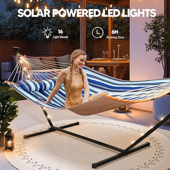 SUNCREAT Double Hammock with 12 ft Stand, Solar Powered Lights Included, Outdoor Hammock for Outside, Blue & White